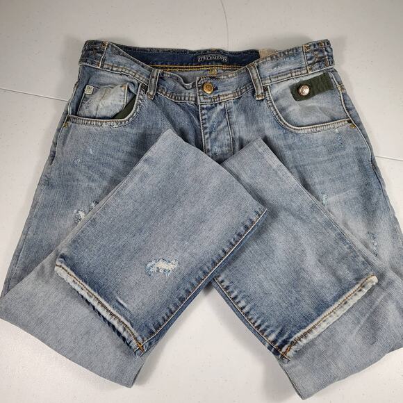 Zu + Elements Blue Green Trim Distressed Button Fly Jeans Italy Unique Size 28 - Picture 3 of 5